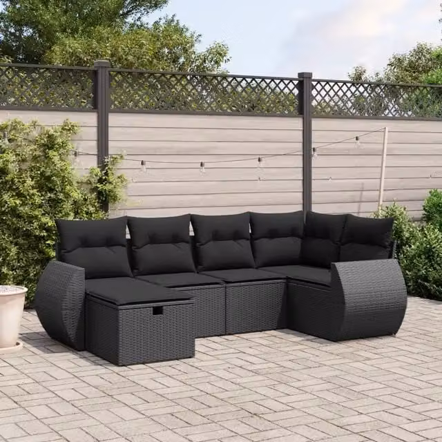 Set Divano da Giardino a L vidaXL in Polyrattan Nero con 6 Cuscini e Ottoman