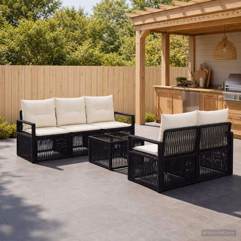 Set Divano da Giardino vidaXL 6 Pezzi Moderno a Forma di L con Tavolino, Colore Nero