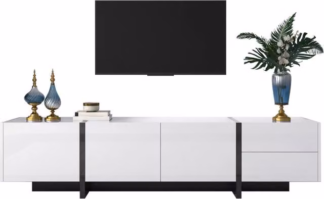 Mobile TV 190x35x45 cm Bianco Lucido e Nero con 3 Ante, 2 Cassetti e Ripiani Interni