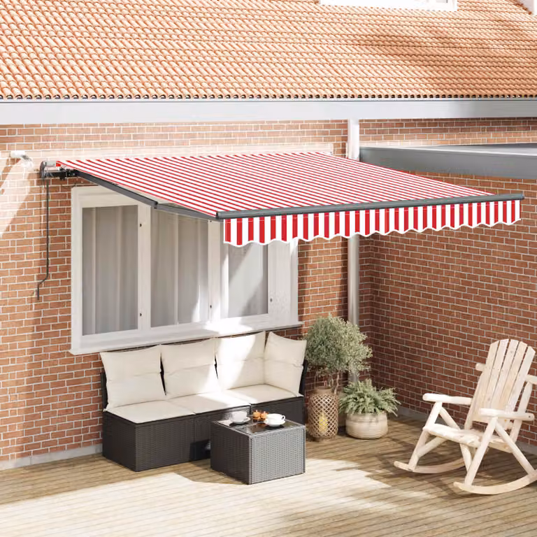 Tenda retrattile vidaXL con bracci pieghevoli e telecomando, Rosso e Bianco, Poliestere e Metallo, L: 300 cm x H: 250 cm