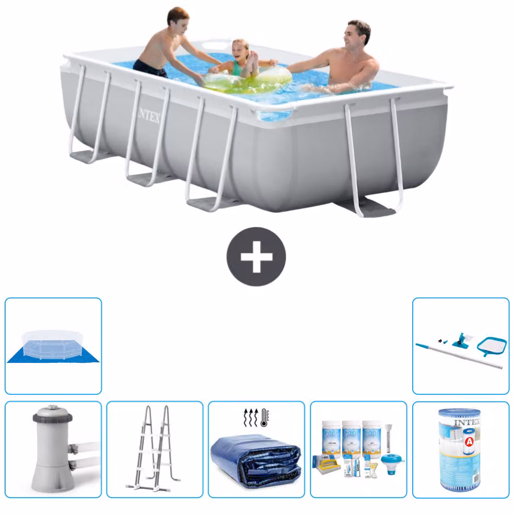 Piscina Intex con struttura a prisma rettangolare - 300 x 175 x 80 cm - grigio - compresa pompa - scaletta tenda da sole - pacchetto manutenzione - filtro - telo di fondo - kit di pulizia