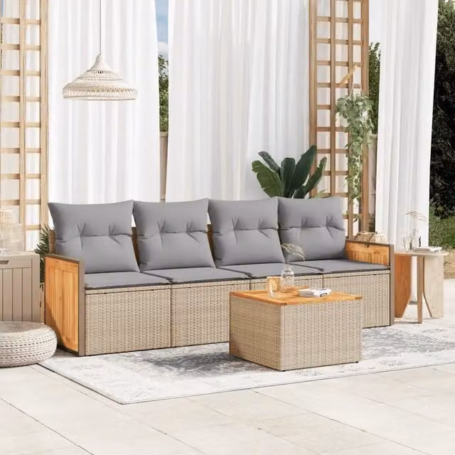 Set Divano da Giardino 5 pz con Cuscini-Sofa da Giardino-Divanetto da esterno Beige in Polyrattan 171545