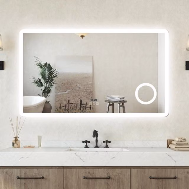 Specchio bagno Rettangolare 100x60cm Led Con 3 Luci + 3X Lente d'ingrandimento + Bluetooth + Orologio + Antiappannamento