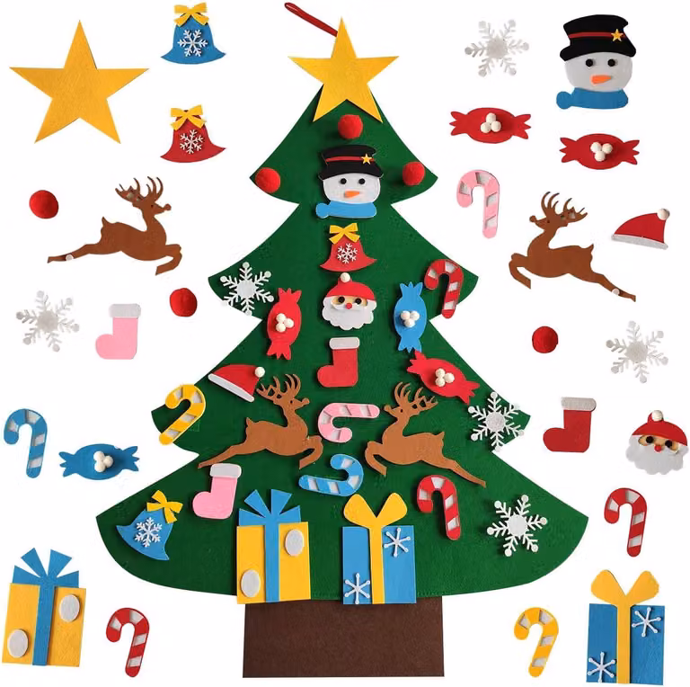Albero di Natale in feltro da parete per bambini, con 26 decorazioni, colore verde, dimensioni 70x70x95 cm