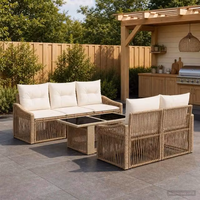 Set Divano da Giardino 6 pz Beige e Bianco Crema polyrattan 3437205