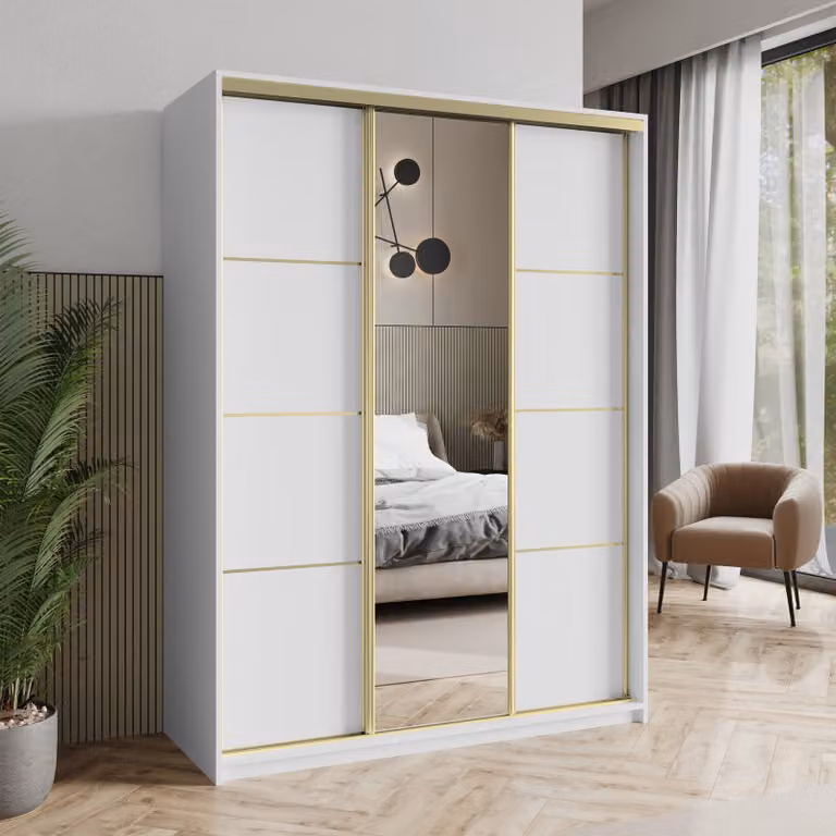 Armadio scorrevole Masseno VARO 150/205/60 cm Armadio con cassetti Armadio per camera da letto a 3 ante con specchio Bianco + Oro