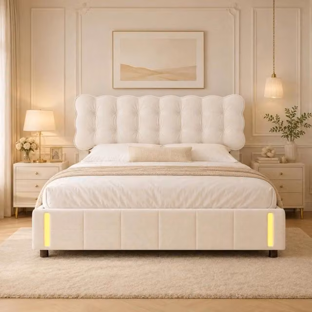 Letto Matrimoniale 140 x 200 cm;Letto Contenitore con contenitore idraulico;Testiera imbottita;Testiera con LED;Velluto;Beige