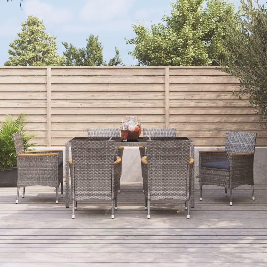 Set da pranzo da giardino vidaXL in polyrattan grigio con tavolo in vetro e legno di acacia, 7 pezzi