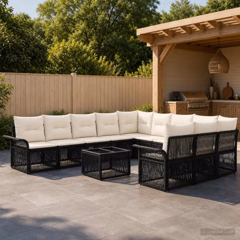 Set Divano da Giardino vidaXL a forma a U in Polyrattan Nero con Tavolino e Cuscini