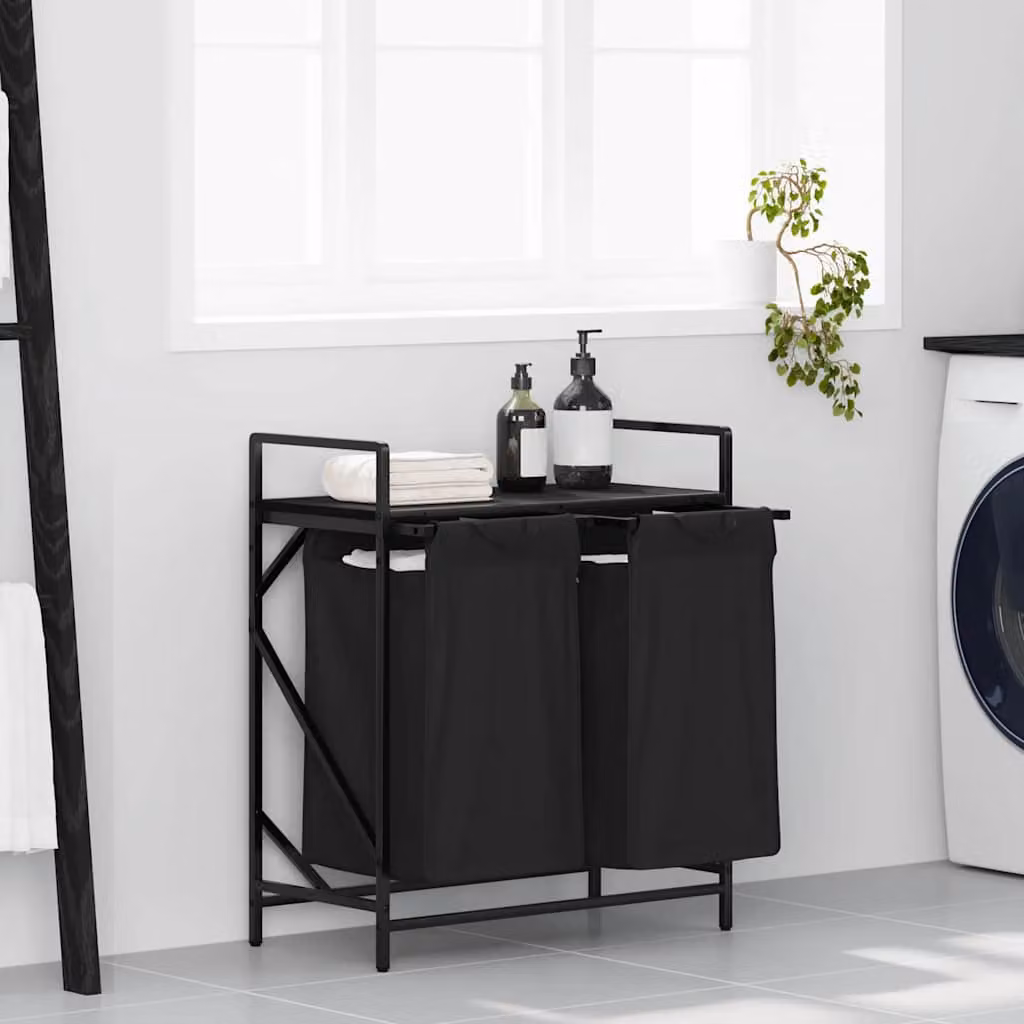 vidaXL Cesto per la Biancheria a 2 Scomparti con Ripiano, Nero, L: 77,0 cm, P: 67,0 cm, H: 33,0 cm