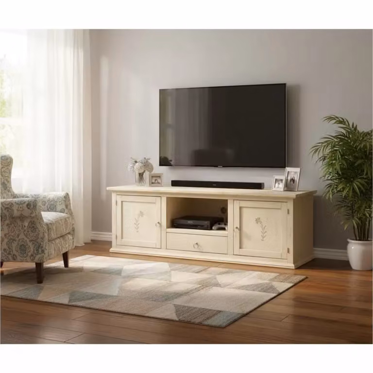 Porta TV Mobili 2G in stile shabby chic con 2 ante e 1 cassetto, colore avorio e bianco con decori floreali, L: 160 cm, P: 46 cm, H: 56 cm