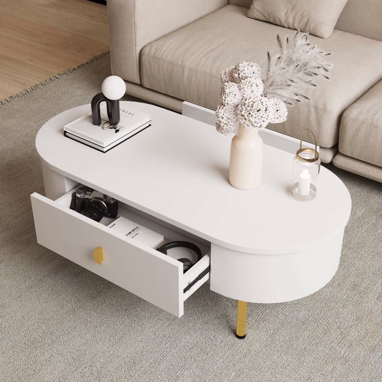 Tavolino Abrihome Tavolino da salotto con 2 cassetti, maniglie e gambe dorate, 108 x 50 x 40 cm - Bianco