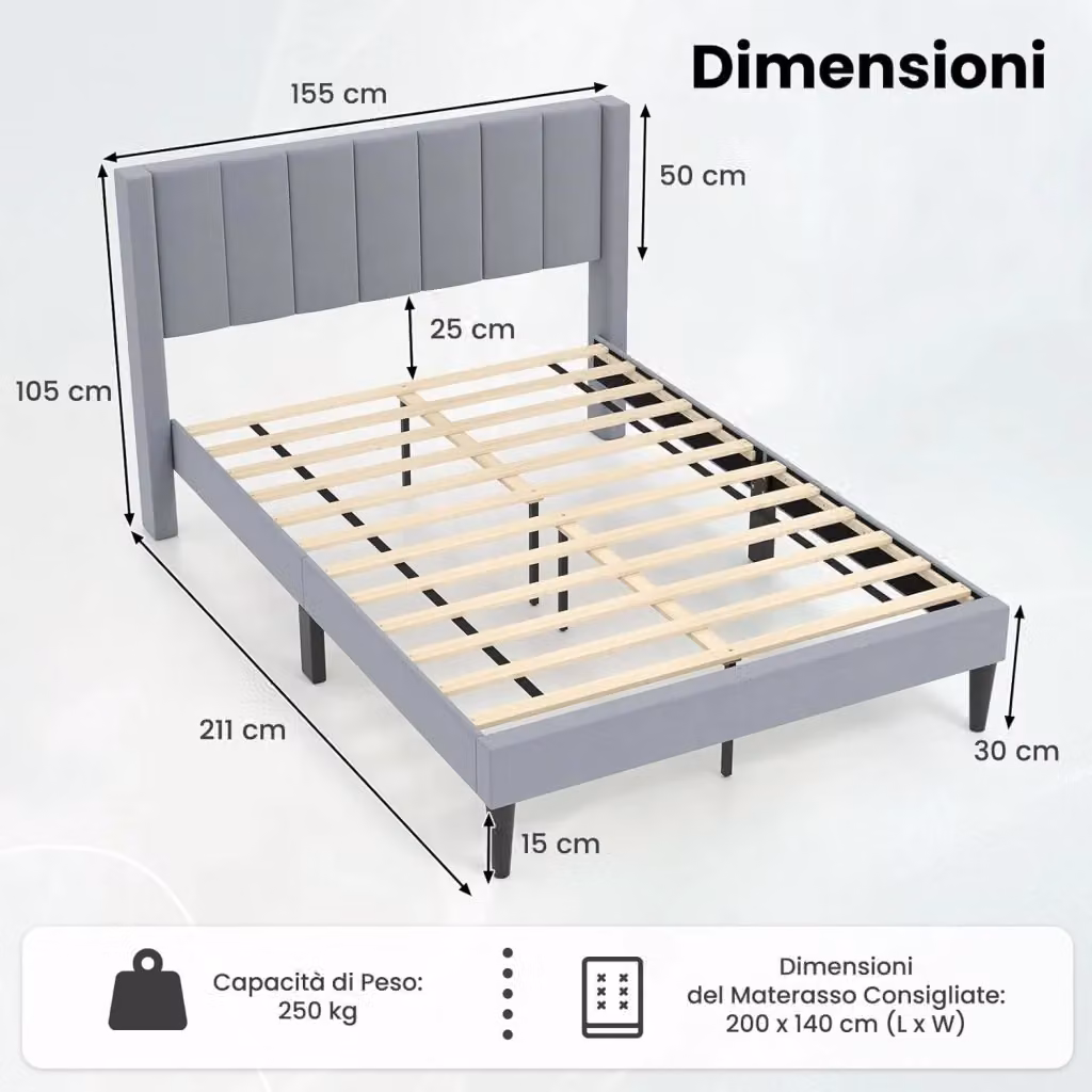 Letto Matrimoniale Imbottito Costway in Velluto Grigio con Supporto a Doghe in Legno, L/P: 140 x 200 cm – 2