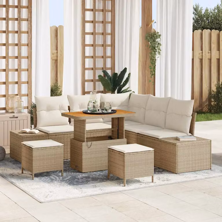 Set Divano da Giardino a L vidaXL 8 Pezzi Beige con Cuscini e Tavolino in Polyrattan e Acciaio