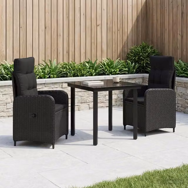Set da pranzo per giardino e terrazzo vidaXL in polyrattan nero 3 pezzi
