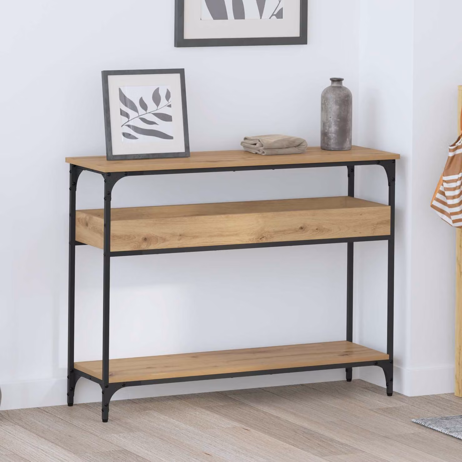 vidaXL Tavolo consolle in stile industriale in legno rovere e metallo, L 100 x P 29 x H 75 cm