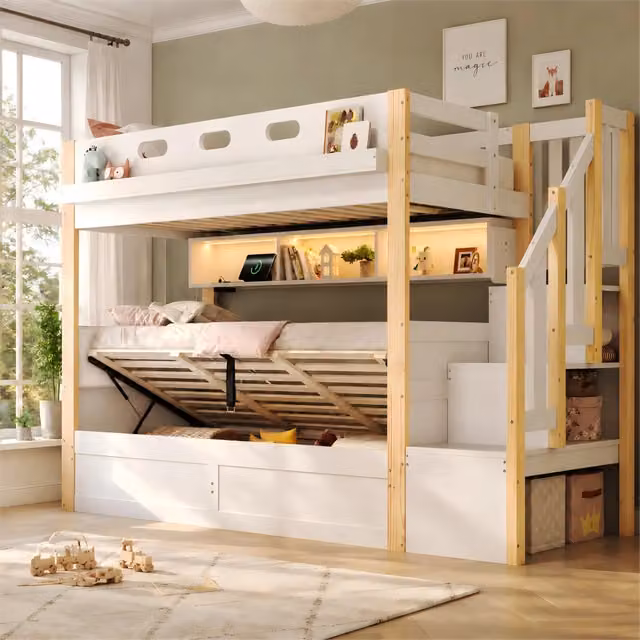 Letto a castello 90×200 cm e 90×200 cm con vano idraulico, scala contenitore, LED e USB, senza materasso, bianco
