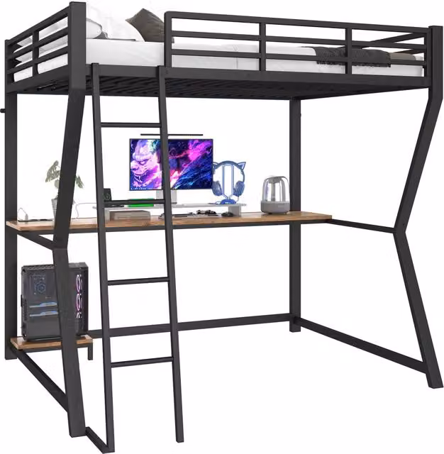 Letto a soppalco REDOM con scrivania e illuminazione LED, colore nero opaco, L/P/H: 200 x 140 x 177,5 cm – 1