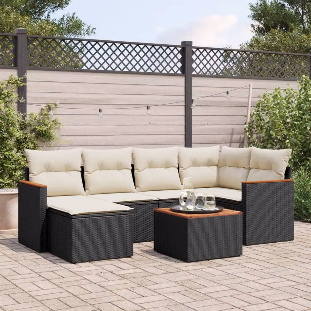Set Divani da Giardino vidaXL a Forma di L con Cuscini e Tavolino, 7 Pezzi in Polyrattan Nero e Legno di Acacia – 1