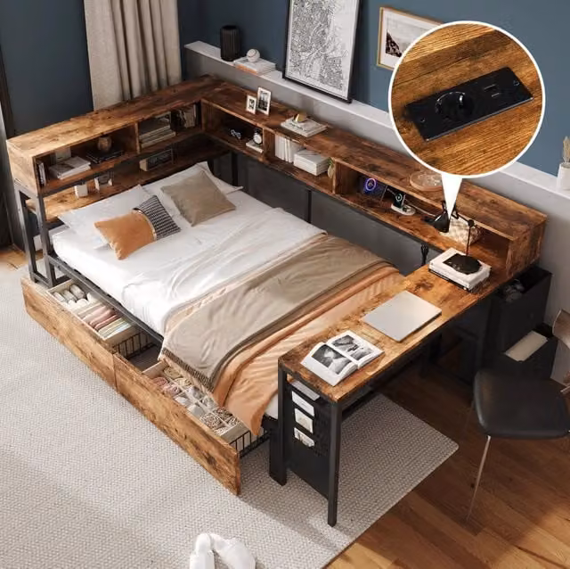 Letto in metallo 120 x 200 cm nero/naturale con contenitore, 2 cassetti, presa e ripiano