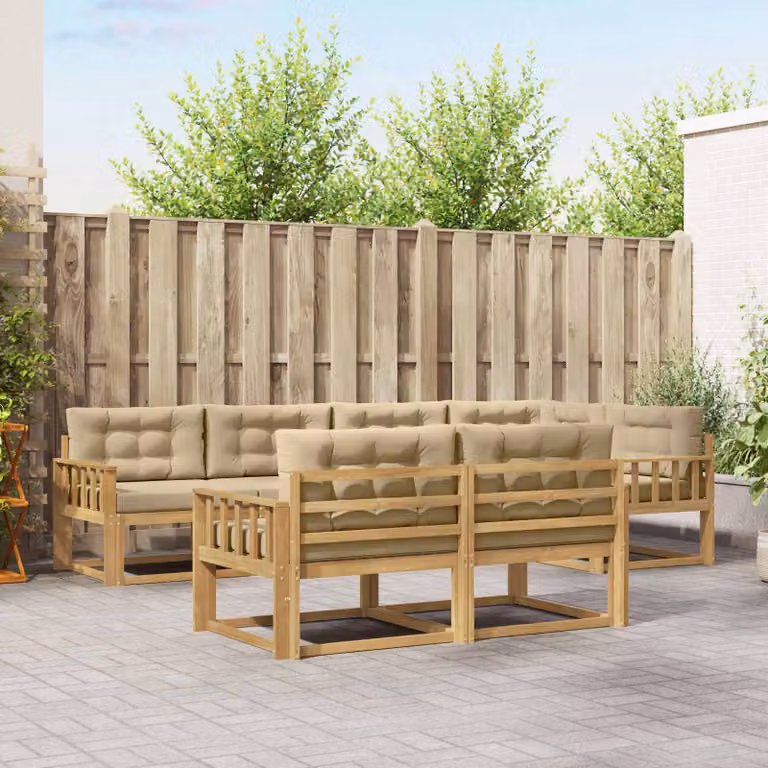 Set di divani da esterno vidaXL a forma di U composto da 6 pezzi in legno di acacia con cuscini in poliestere bianco, beige e marrone