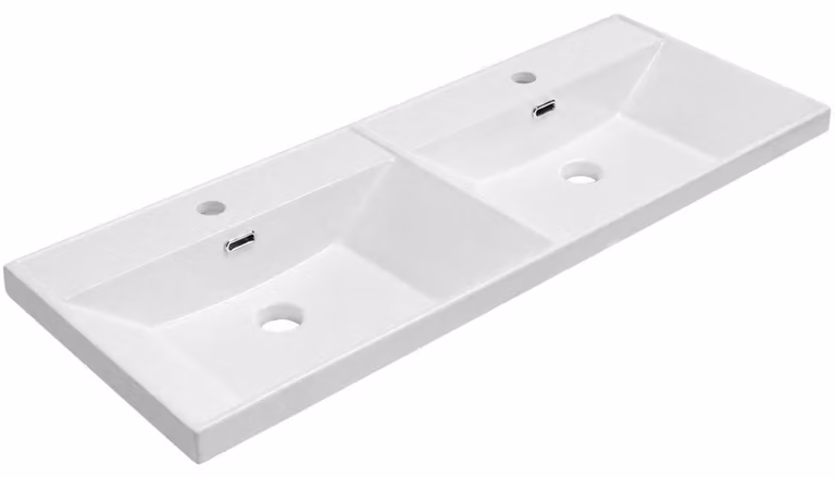 Lavabo doppio in Vetroceramica, modello Viano, per mobili, colore bianco lucido, dimensioni 121,5x46,5 cm