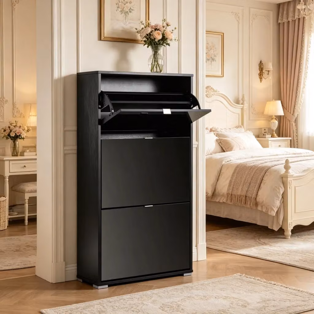 Scarpiera moderna per ingresso con 3 ante a ribalta e divisori regolabili, in MDF nero, L: 60 cm, P: 26 cm, H: 124 cm – 2