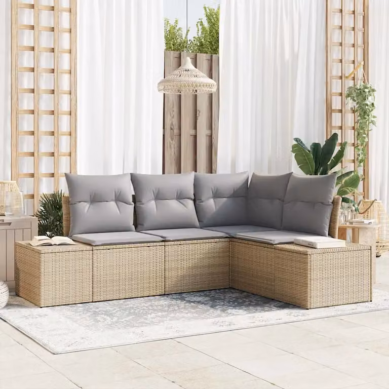 Set Divano da Giardino L-Shape vidaXL 4 pz Beige e Grigio con Cuscini e Struttura in Acciaio e Polyrattan