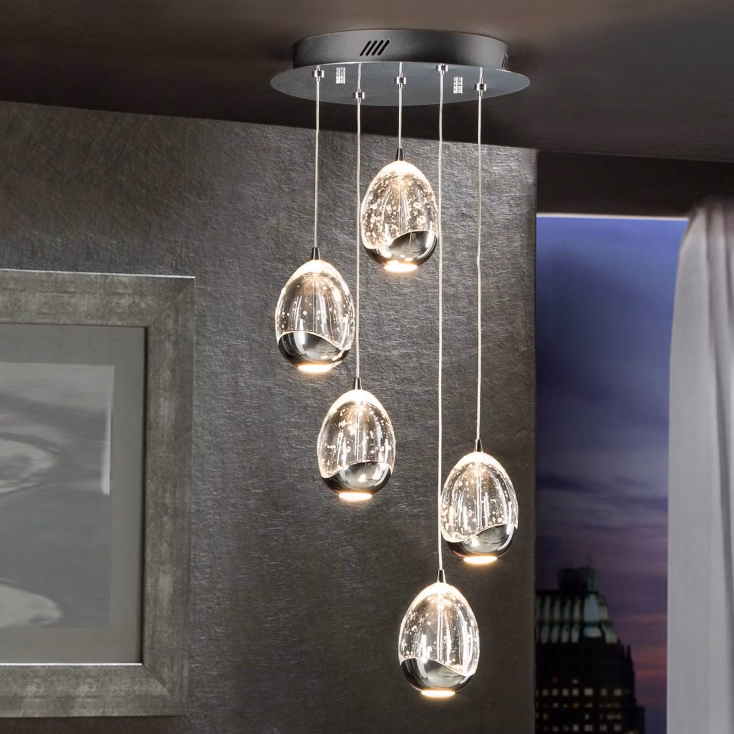 Schuller Valencia Lampada a sospensione LED Rocio, 5 luci, rotonda, metallo, vetro, cromo dimmerabile, Chiaro / Trasparente, Soggiorno / Sala da pranzo, Metallo