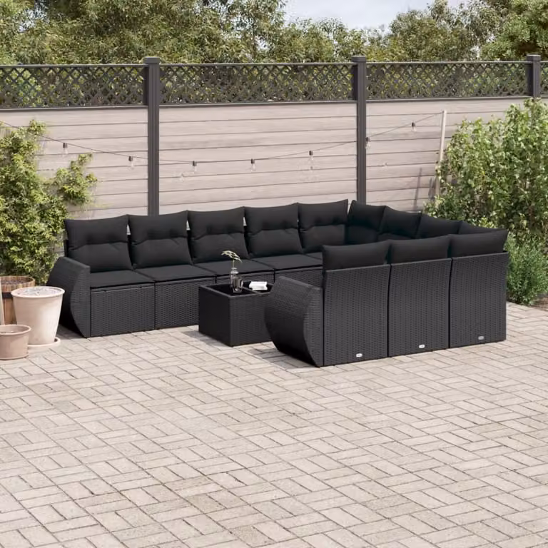vidaXL Set Divani da Giardino 11 pz a Forma a U in Polyrattan Nero con Cuscini e Tavolino da Esterno