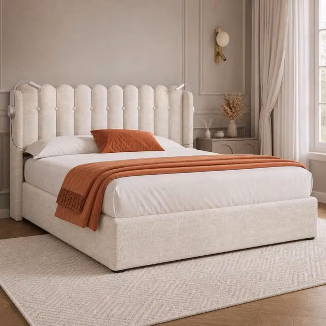 Letto contenitore 140x200 cm in lino naturale con luce LED lettura e USB