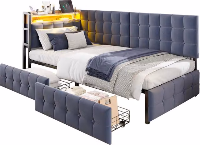 Divano letto singolo 90x200 cm con 2 cassetti; LED; USB e USB-C in tessuto grigio