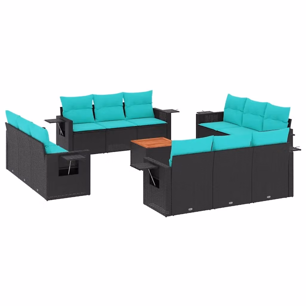 Set di Divani da Giardino vidaXL a Forma a U in Polyrattan Nero con 13 Pezzi e Cuscini Blu – 2