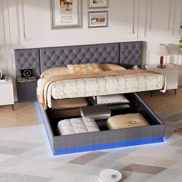Letto imbottito UnboxG, 160x200 cm, con testiera contenitore, 2 comodini a ribalta, illuminazione LED, porta USB e funzione di ricarica wireless da 15W, rivestito in lino, colore grigio