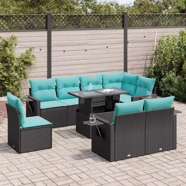 Set Divani da Giardino 9 pz con Cuscini Nero Polyrattan Acacia 3326498