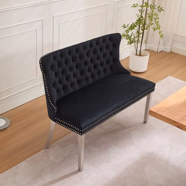 Panca da pranzo a 2 posti OKWISH in velluto nero con gambe in metallo e stile mid century