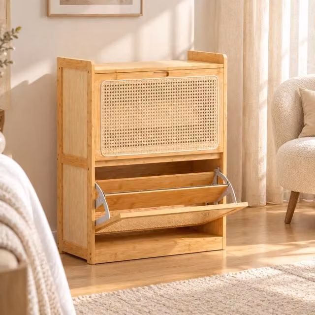 Scarpiera salvaspazio in bambù e rattan in stile scandinavo con vani ribaltabili, colore marrone e beige, L: 69 cm, P: 29 cm, H: 83 cm