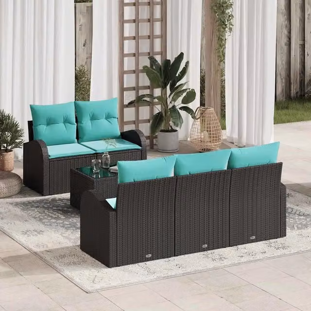 Set Divano da Giardino 6 pz 5-Numero di posti Nero e Turchese 3354595