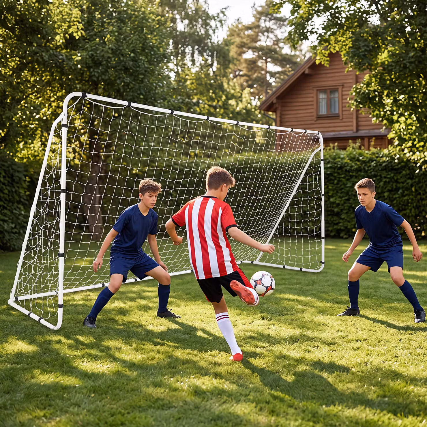 Porta da calcio da esterno Costway con struttura in metallo e rete bianca per allenamento di bambini e ragazzi