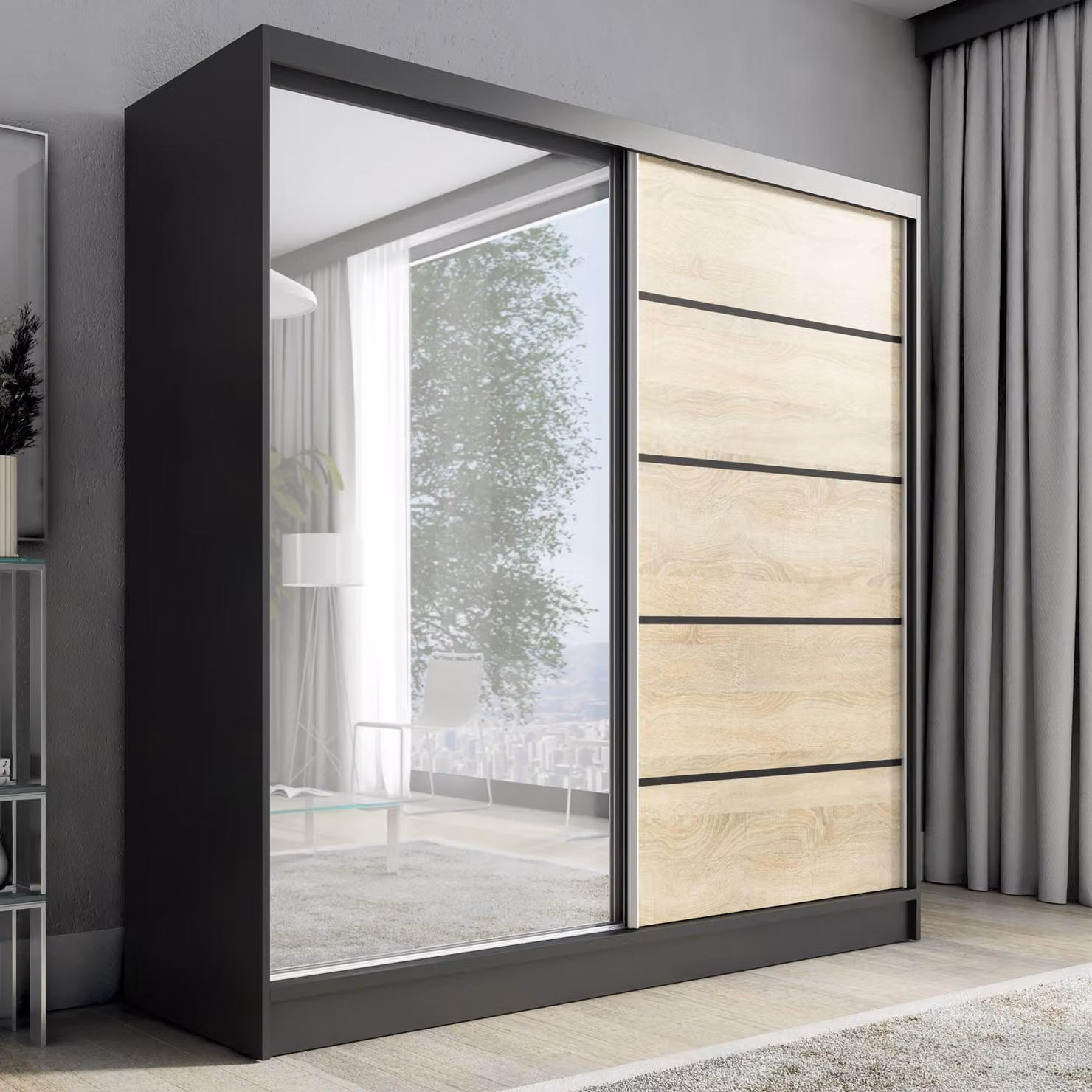 Armadio a porte scorrevoli, a 2 ante con specchio NERO 2 200 cm (nero / marrone)