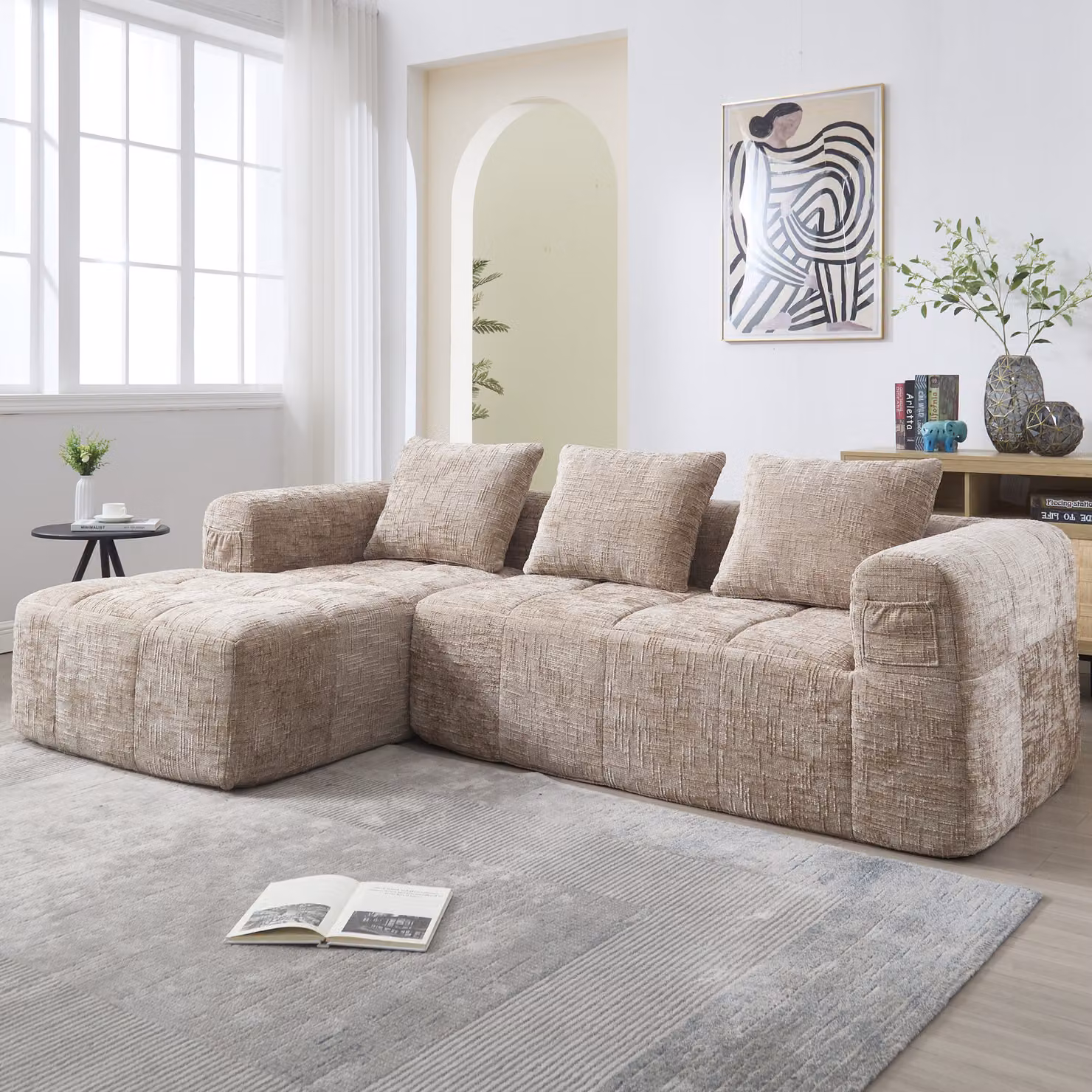 okwish L-Sofa, divano angolare, divano componibile, divano moderno in ciniglia con braccioli e 3 cuscini, divano da salotto con tasca laterale per telecomando, kaki