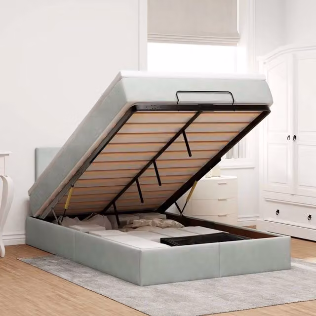 Letto con contenitore a sollevamento vidaXL in velluto con materasso, illuminazione sottostante e porta USB, Grigio e Bianco, L/P/H: 203 x 120 x 88 cm – 1