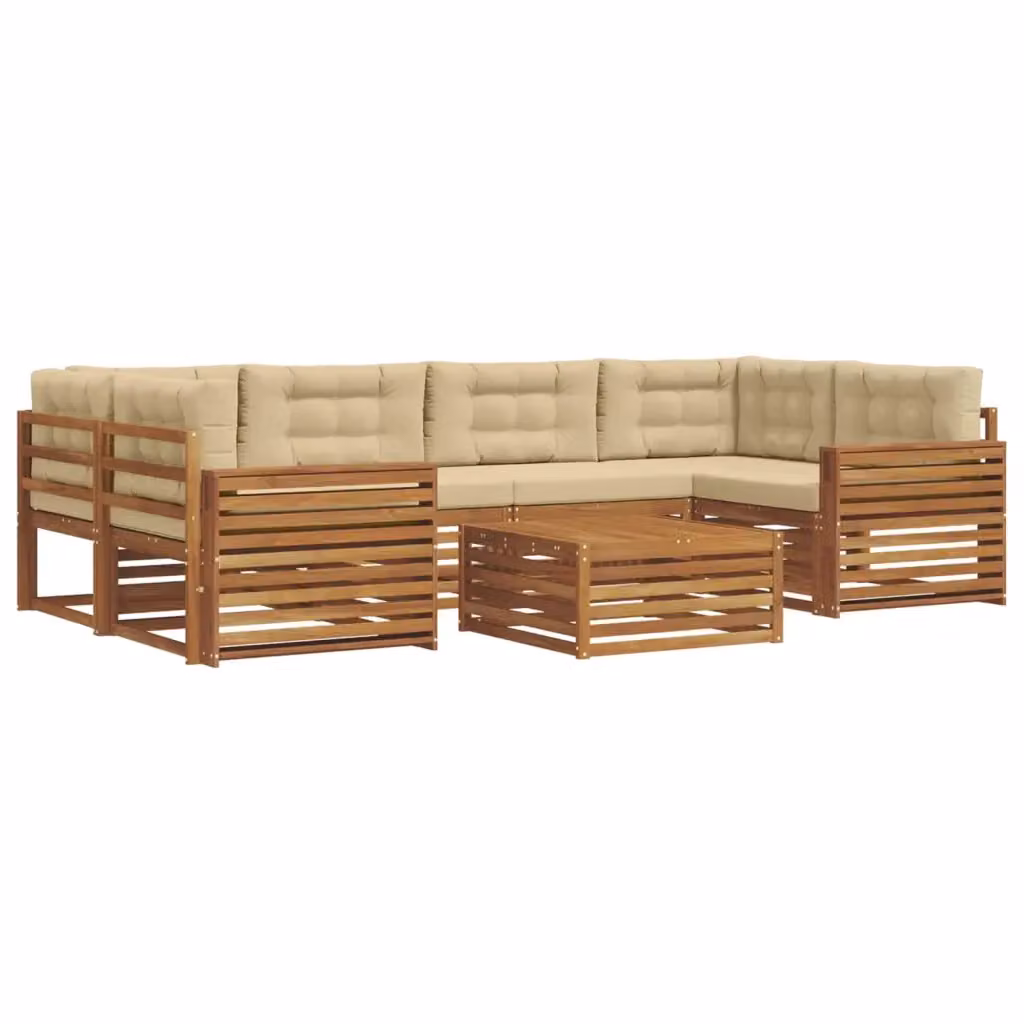 Set di divani da esterno vidaXL a forma di L composto da 7 pezzi con tavolino da caffè, in legno di acacia trattato e tessuto beige – 2