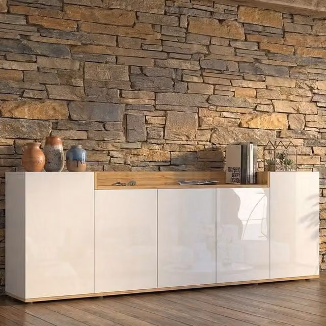 Madia Cordele DMORA, Credenza moderna con 7 ripiani in finitura bianco lucido e rovere, L: 200 cm, P: 35 cm, H: 70 cm