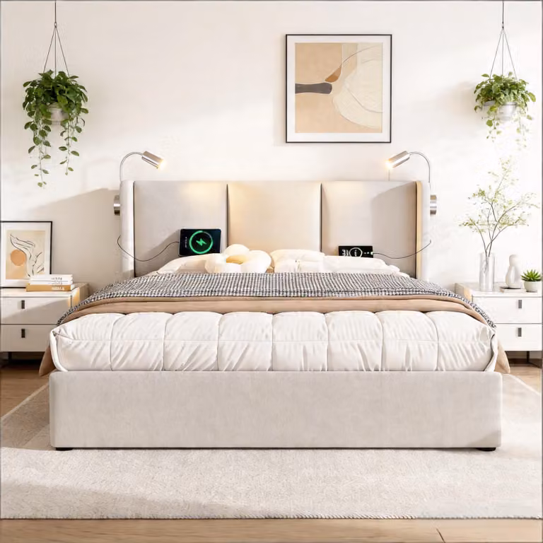 Letto con boxspring 160x200, letto matrimoniale con spazio contenitore, USB e luce LED per la lettura, struttura letto con rete a molle e contenitore, letto imbottito senza materasso