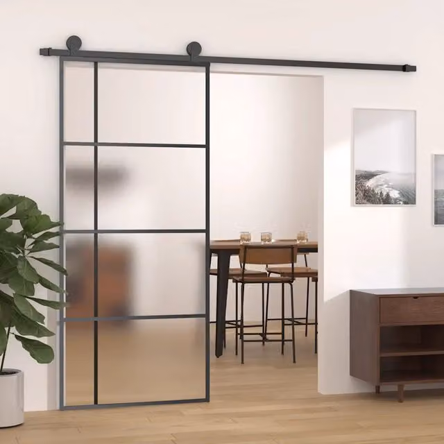 Porta Scorrevole vidaXL in Alluminio e Vetro Smerigliato, Colore Nero, L 90 cm x H 205 cm