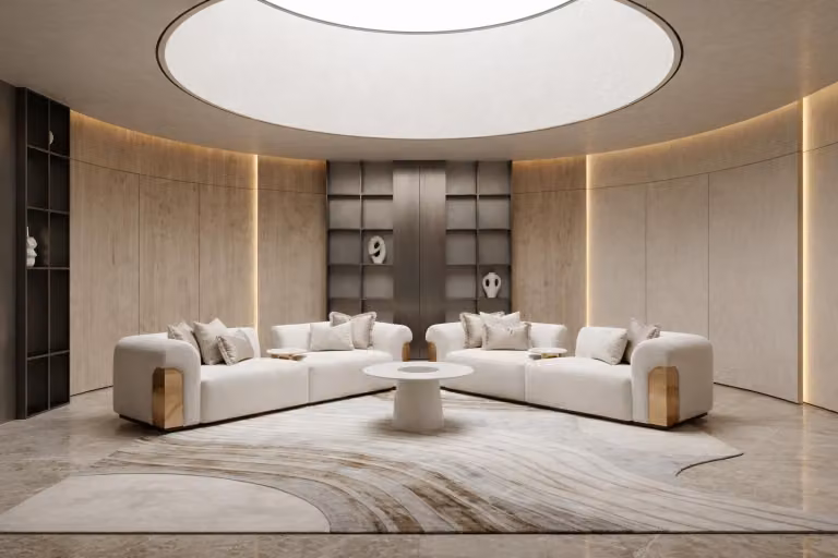 Set moderno per soggiorno, color beige, composto da un divano a tre posti e un tavolino rotondo. Arredamento per soggiorno