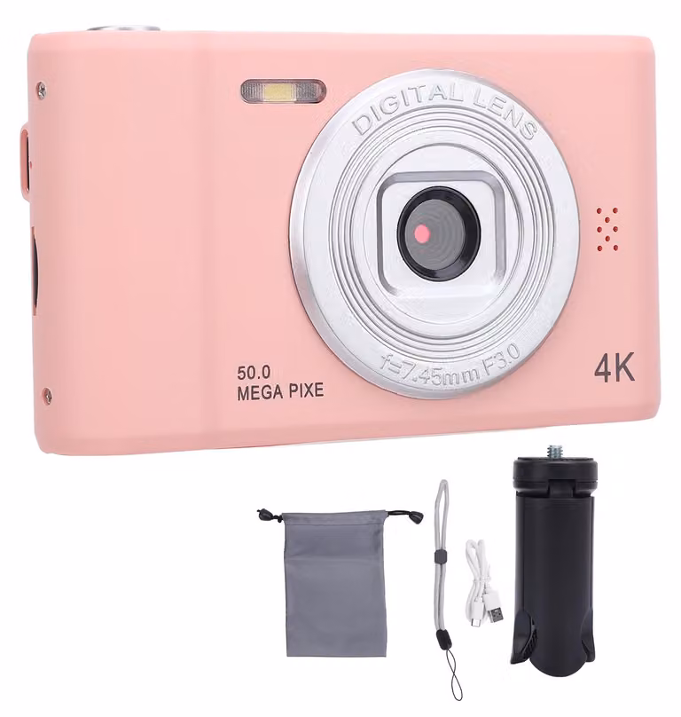 Fotocamera digitale 4K da 50 MP, schermo a colori da 2,4 pollici, zoom ottico 8x, stabilizzatore d'immagine, microfono integrato, compatta per foto e video, 64 GB
