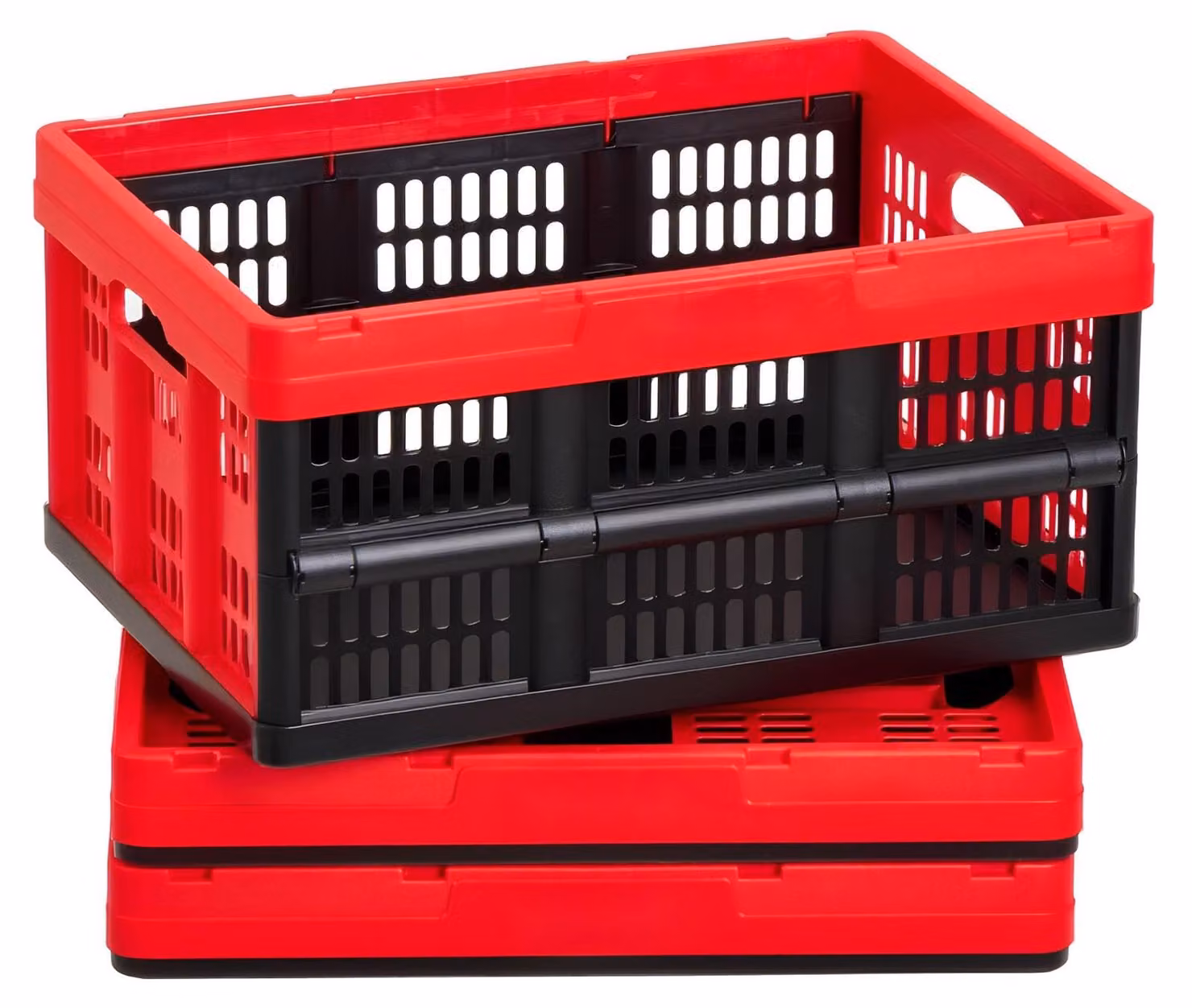 Scatole portaoggetti pieghevoli - Set da 3 da 32 l - Pieghevoli - Impilabili - Con manici - Portata: 12 kg per scatola - Plastica - Rosso/Nero