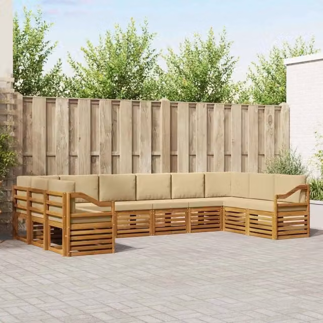Set di divani da esterno a L vidaXL in legno di acacia con cuscini, colore beige e sabbia